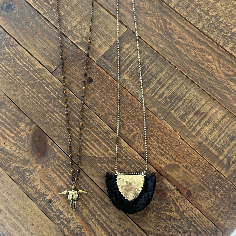 Long Beaded skull necklace and lucky brand bohemian gold and black necklace